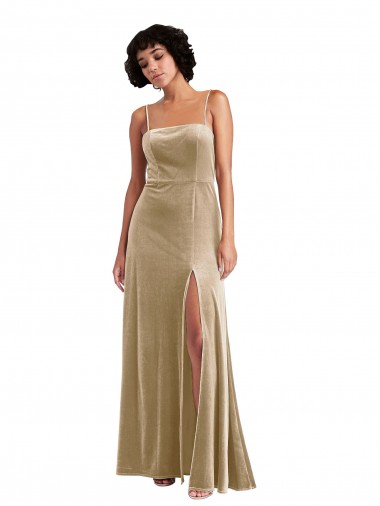 Shop Square Neck Formal Velvet Maxi Bridesmaid Dress / Prom Dress with Front Slit & Pockets