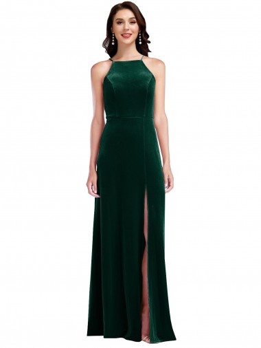 Shop Velvet Halter Maxi Bridesmaid Dress / Prom Dress with Pockets & Front Slit