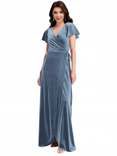 Shop Flutter Sleeve Velvet Wrap Maxi Bridesmaid Dress / Prom Dress with Pockets