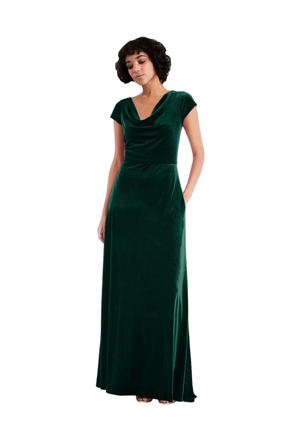 Shop Cowl Neck Cap Sleeve Velvet Maxi Bridesmaid Dress / Prom Dress with Pockets