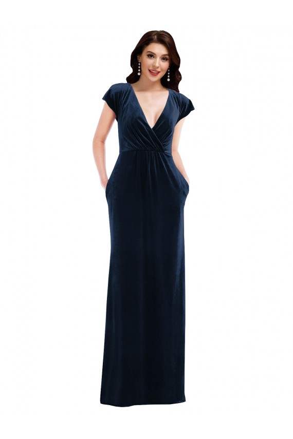 Shop Flutter Sleeve Wrap Bodice Formal Velvet Maxi Bridesmaid Dress / Prom Dress with Pockets