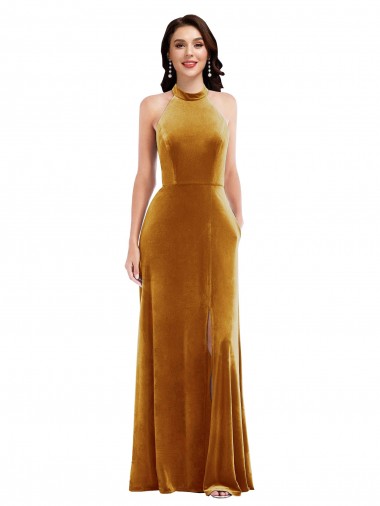 Shop High-Neck Halter Velvet Maxi Bridesmaid Dress / Prom Dress with Front Slit