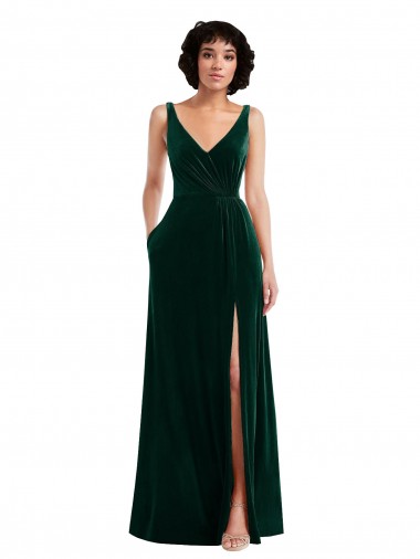 Shop Floor Length Velvet Maxi Bridesmaid Dress / Prom Dress with Shirred Bodice and Front Slit