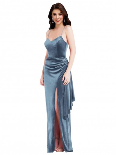 Shop Spaghetti Strap Formal Velvet Maxi Bridesmaid Dress / Prom Dress with Draped Skirt