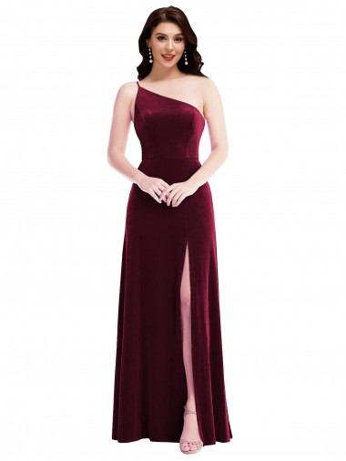 Shop One Shoulder Spaghetti Strap Velvet Maxi Bridesmaid Dress / Prom Dress with Pockets