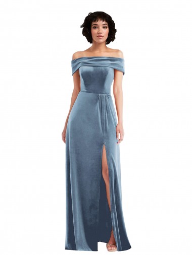 Shop Draped Cuff Off the Shoulder Velvet Maxi Bridesmaid Dress / Prom Dress with Pockets