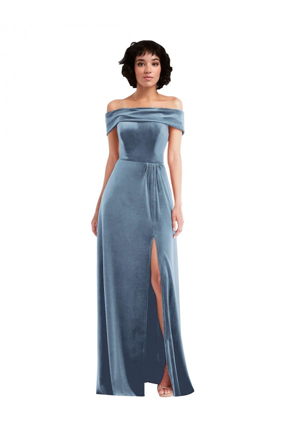 Shop Draped Cuff Off the Shoulder Velvet Maxi Bridesmaid Dress / Prom Dress with Pockets