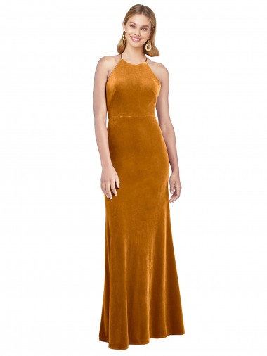 Shop Halter Neckline Long Full Length Formal Velvet Bridesmaid Dress / Prom Dress with Strappy Back