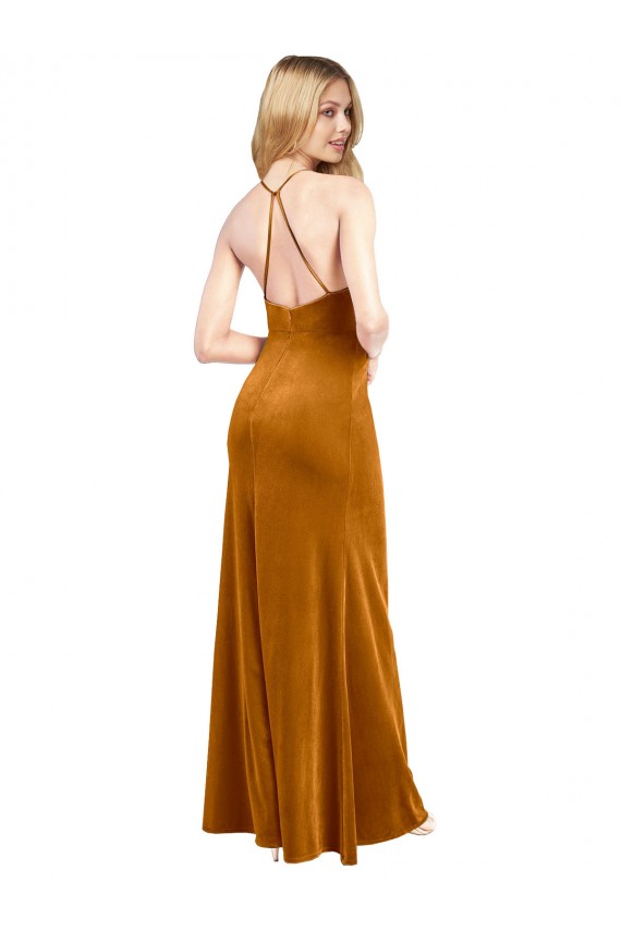 Shop Halter Neckline Long Full Length Formal Velvet Bridesmaid Dress / Prom Dress with Strappy Back