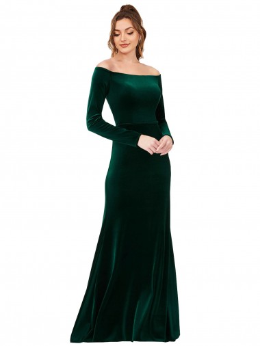 Shop Off the Shoulder Long Sleeves Formal Stretch Velvet Bridesmaid Dress / Prom Dress