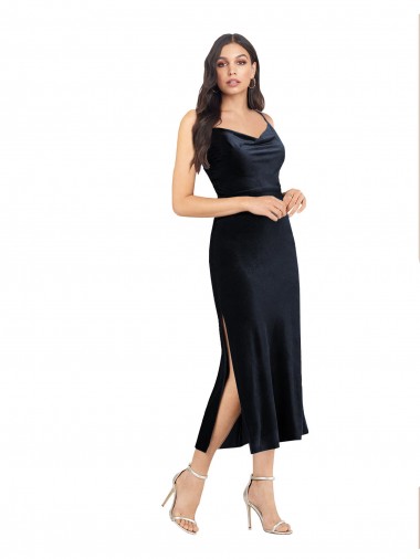 Shop Midi Cocktail Length Formal Velvet Bridesmaid Dress / Prom Dress with Cowl Neck and Spaghetti Straps