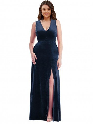 Shop Deep V-Neck Sleeveless Formal Velvet Maxi Bridesmaid Dress / Prom Dress with Pockets