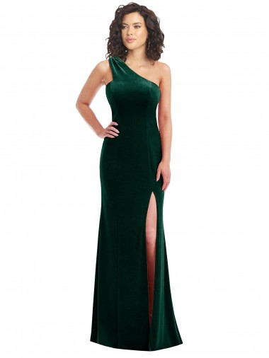 Shop One Shoulder Velvet Trumpet Bridesmaid Dress / Prom Dress with Front Slit