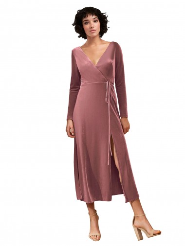 Shop Long Sleeve Velvet Faux Wrap Midi Length Bridesmaid Dress / Prom Dress