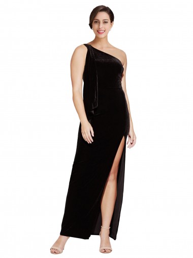 Shop One Shoulder Long Formal Velvet Bridesmaid Dress / Prom Dress with Side Split and Shoulder Tie