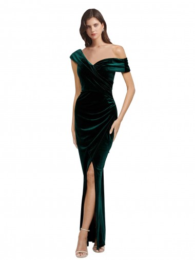 Shop Long Asymmetric Neckline Ruched Formal Velvet Bridesmaid Dress / Prom Dress