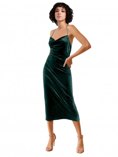 Shop Midi Cocktail Length Sleek Cowl Neckline Short Formal Velvet Bridesmaid Dress / Prom Dress